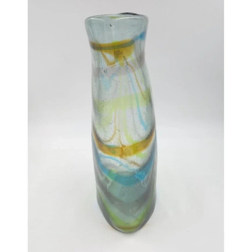 Vintage Lg Hand Blown Cased Art Glass Vase Blue Green Orange Stripes Unknown 11”